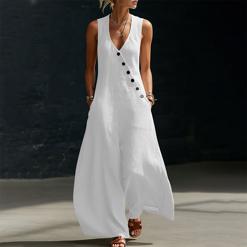 Women's Sleeveless V-Neck Jumpsuit with Pockets