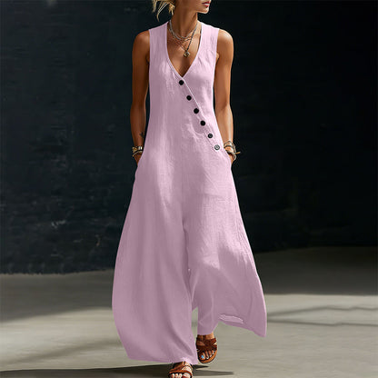 Women's Sleeveless V-Neck Jumpsuit with Pockets