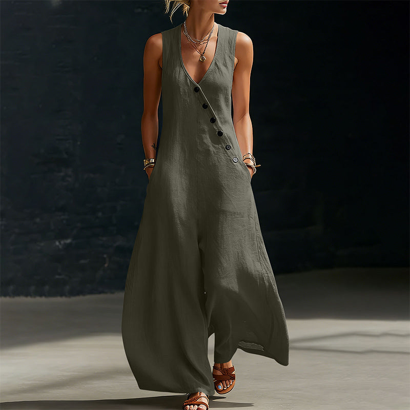 Women's Sleeveless V-Neck Jumpsuit with Pockets