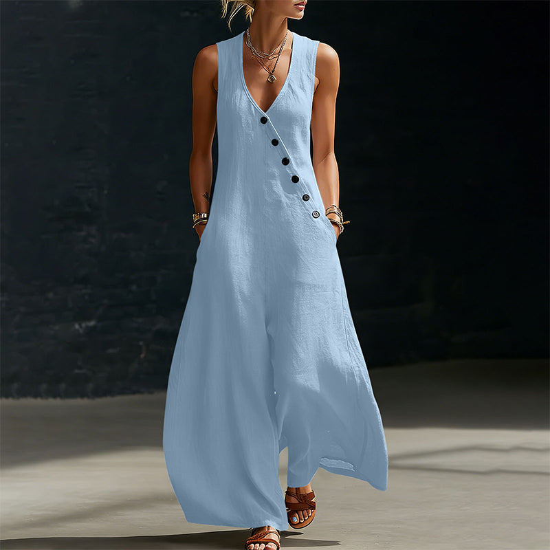 Women's Sleeveless V-Neck Jumpsuit with Pockets