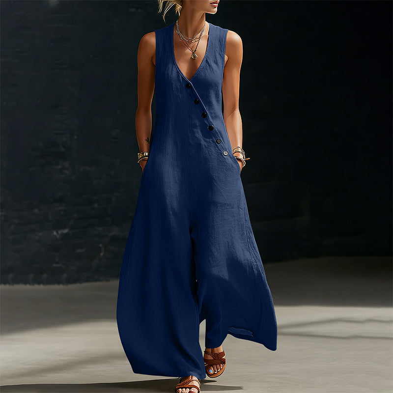 Women's Sleeveless V-Neck Jumpsuit with Pockets