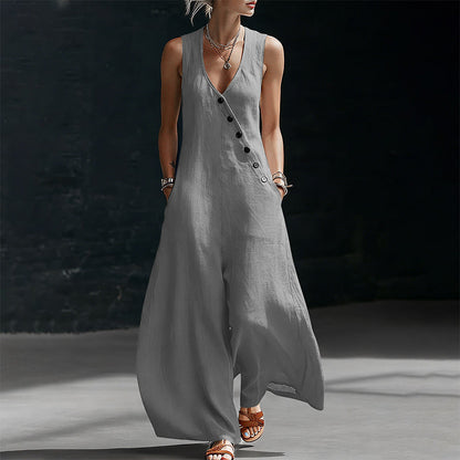Women's Sleeveless V-Neck Jumpsuit with Pockets