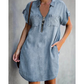 ⌛Limited-Time Offer-Women Casual Denim Shirt Dress Loose Lapel Short Sleeve Zipper Dress with Pockets