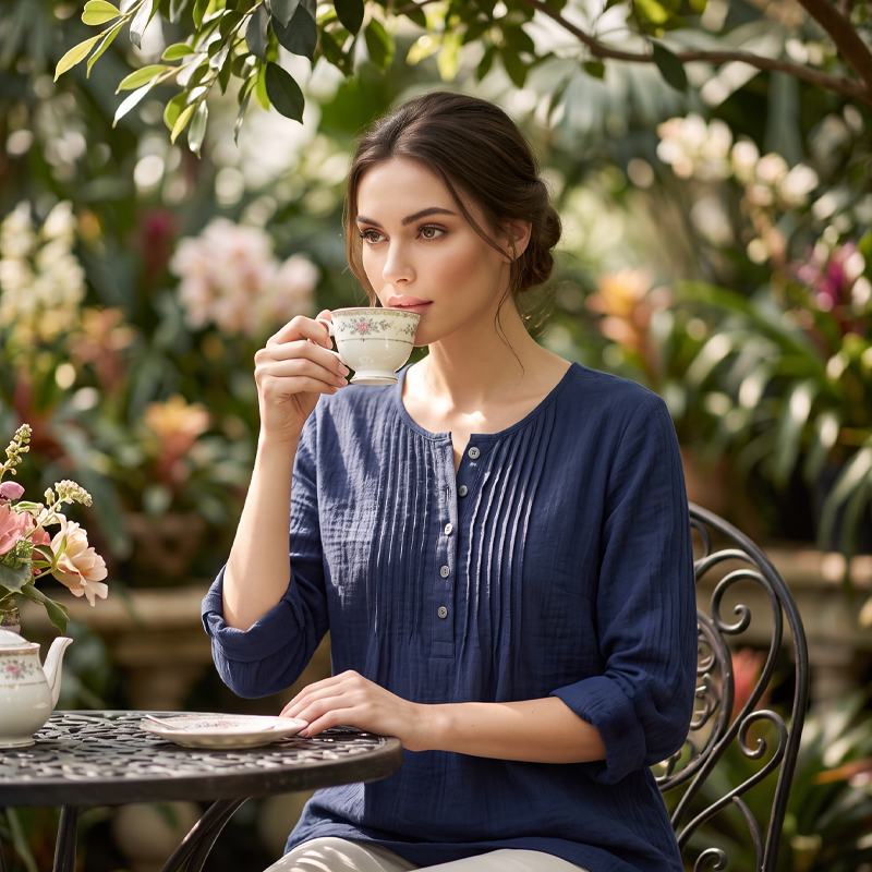🔥👚2026 Summer Hot Sale⚡️Women's Long Sleeve Pleated Henley Neck Blouse✨Soft Breathable Elegant Casual Pleated Top Daily Commute Outfit💐