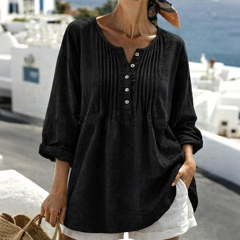 🔥👚2026 Summer Hot Sale⚡️Women's Long Sleeve Pleated Henley Neck Blouse✨Soft Breathable Elegant Casual Pleated Top Daily Commute Outfit💐