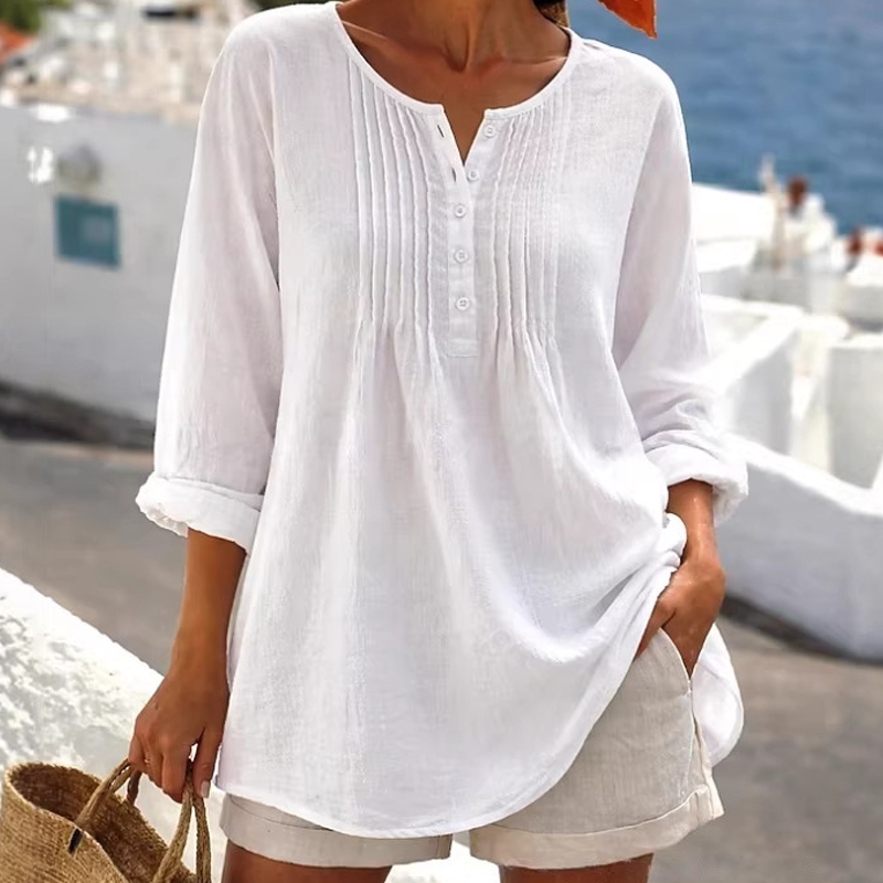 🔥👚2026 Summer Hot Sale⚡️Women's Long Sleeve Pleated Henley Neck Blouse✨Soft Breathable Elegant Casual Pleated Top Daily Commute Outfit💐