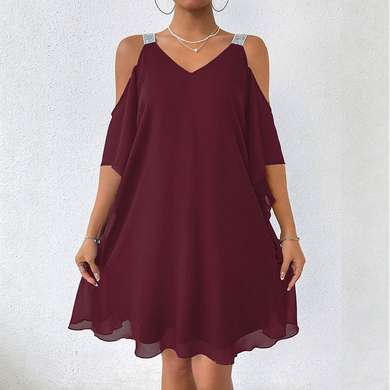 Women's Flowy Cold-Shoulder V-Neck Dress