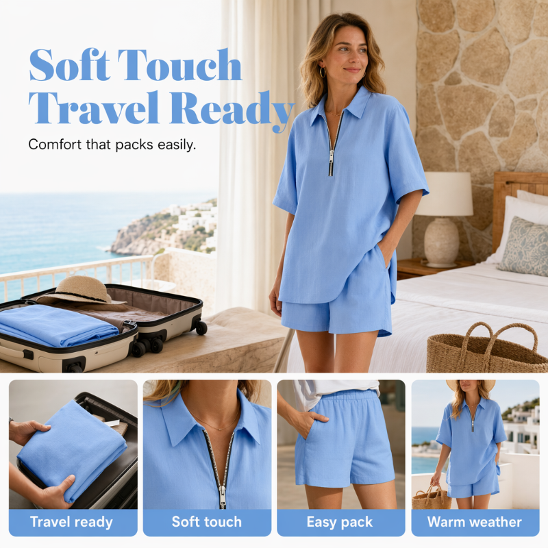 Women Casual Two Piece Set Short Sleeve Half Zip Top and Shorts