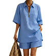 Women Casual Two Piece Set Short Sleeve Half Zip Top and Shorts