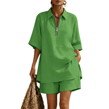 Women Casual Two Piece Set Short Sleeve Half Zip Top and Shorts