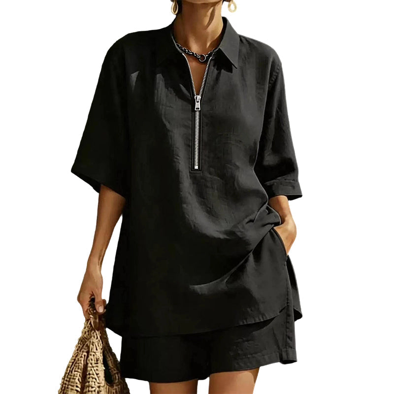 Women Casual Two Piece Set Short Sleeve Half Zip Top and Shorts