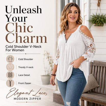 ⌛Limited-Time Offer-Women's Lace Cold Shoulder Top with Zipper