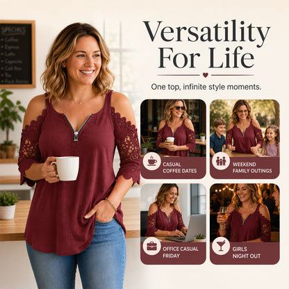 ⌛Limited-Time Offer-Women's Lace Cold Shoulder Top with Zipper