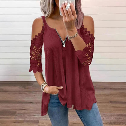⌛Limited-Time Offer-Women's Lace Cold Shoulder Top with Zipper
