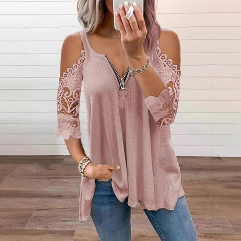 ⌛Limited-Time Offer-Women's Lace Cold Shoulder Top with Zipper