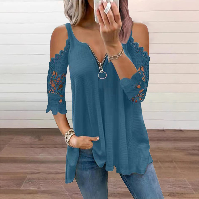 ⌛Limited-Time Offer-Women's Lace Cold Shoulder Top with Zipper