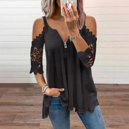 ⌛Limited-Time Offer-Women's Lace Cold Shoulder Top with Zipper