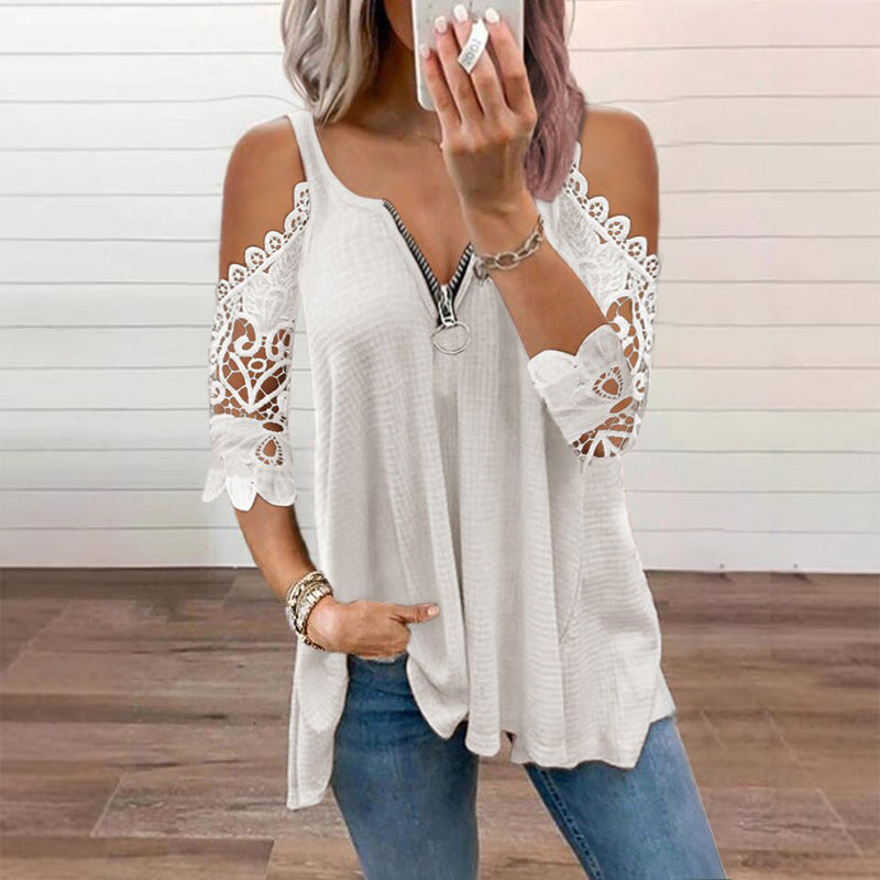 ⌛Limited-Time Offer-Women's Lace Cold Shoulder Top with Zipper
