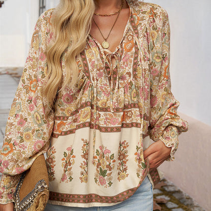 Women's Fashion Printed v-Neck Long Sleeve Shirt