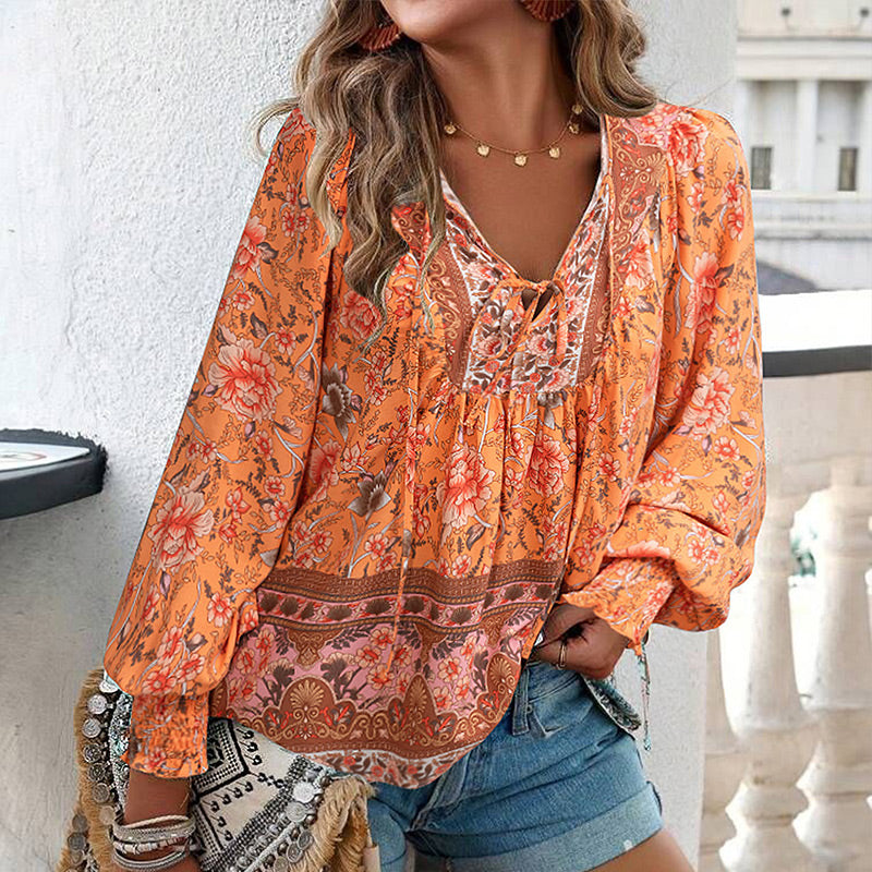 Women's Fashion Printed v-Neck Long Sleeve Shirt