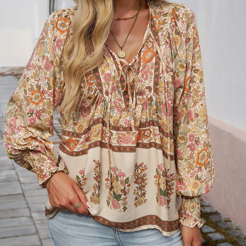 Women's Fashion Printed v-Neck Long Sleeve Shirt