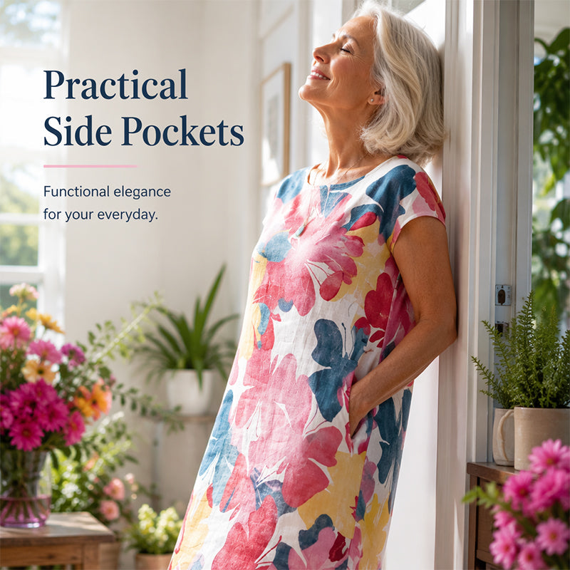 Women's Loose Floral Print Tunic Dress with Pockets