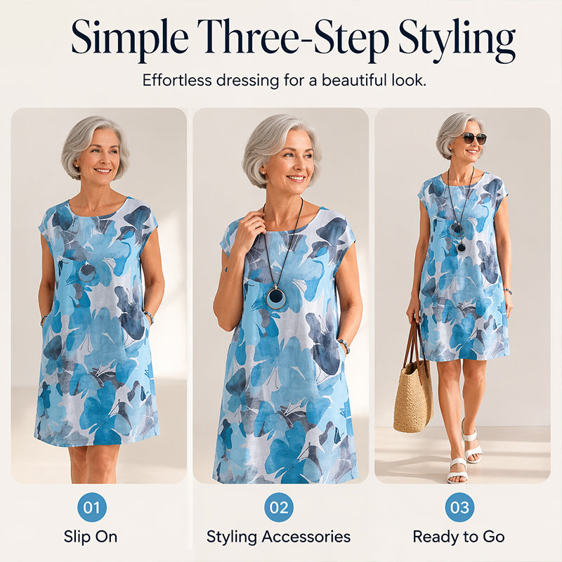 Women's Loose Floral Print Tunic Dress with Pockets
