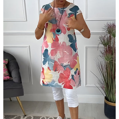Women's Loose Floral Print Tunic Dress with Pockets