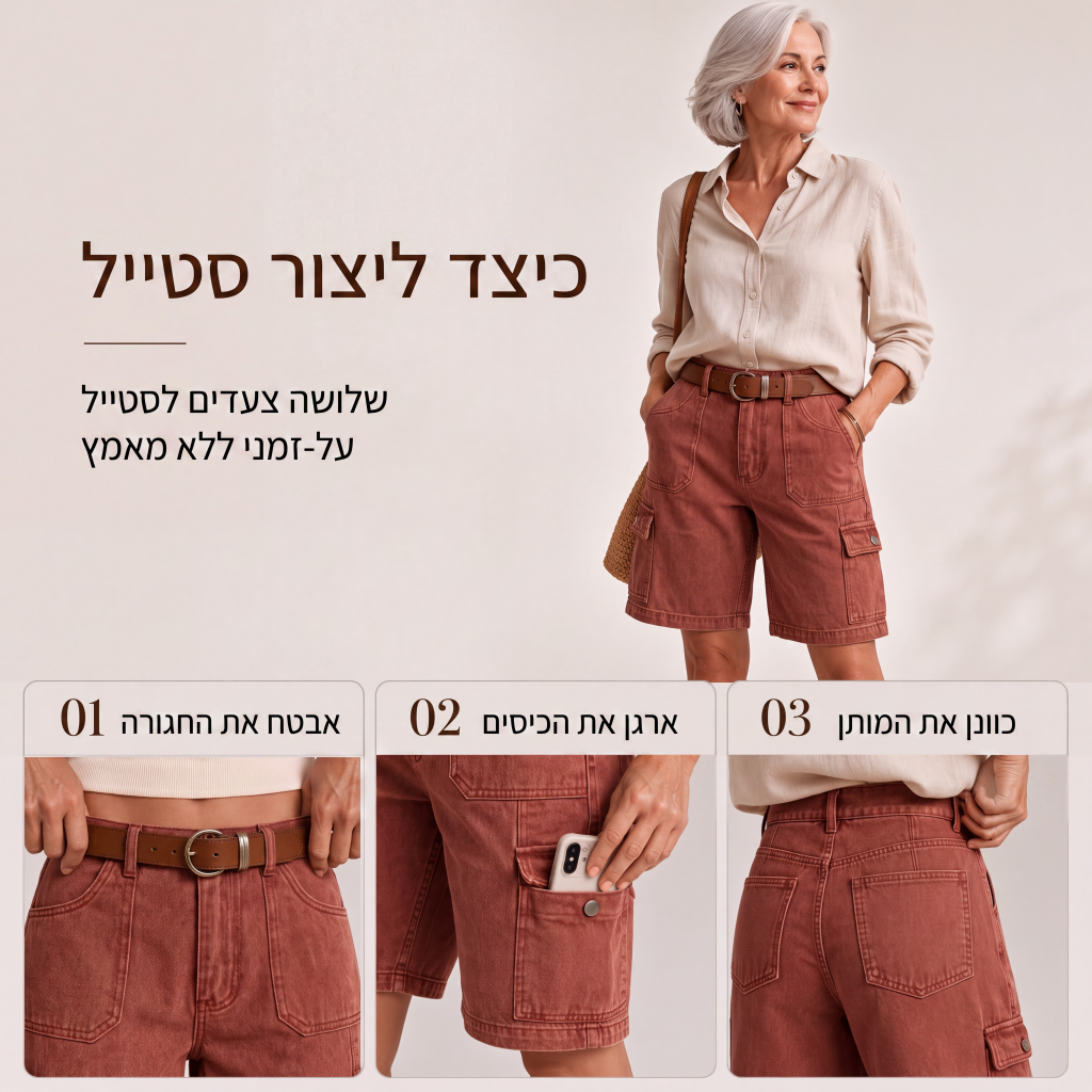 מכנסי דנים קרגו קצרים לנשים בגזרה רופפת