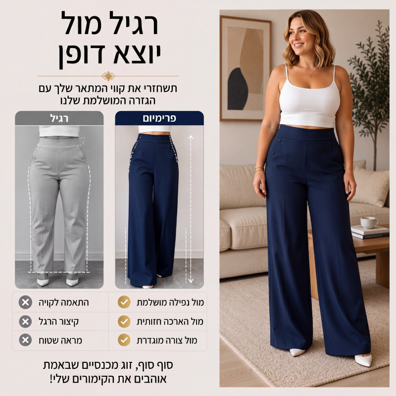 מכנסיים רחבים בקו גבוה לנשים עם כפתורים בצד