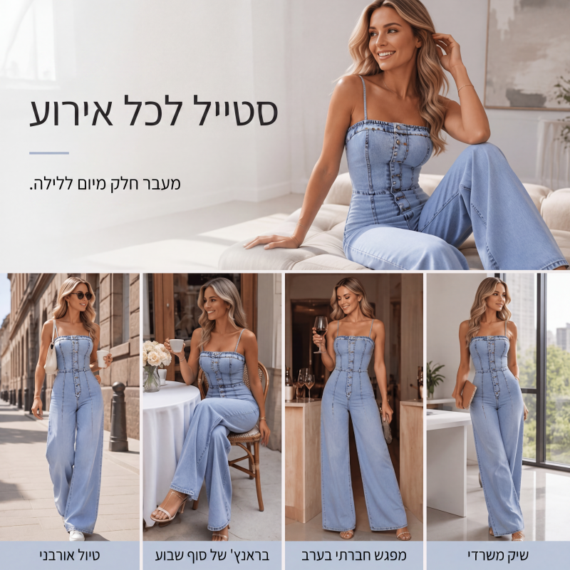 חליפת ג'ינס לנשים עם רצועות ספגטי ורגליים רחבות