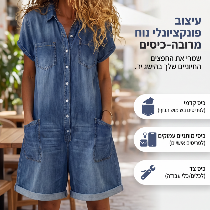 סרבל ג'ינס קצר שרוול קז'ואל לנשים