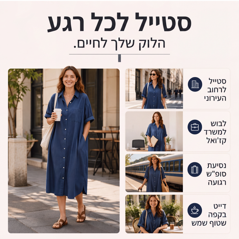 שמלת ג'ינס לנשים בגזרה רפויה עם כפתורים