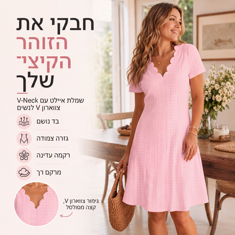שמלת נשים עם צווארון V מעוגל ועיטורי חורים