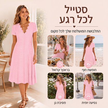שמלת נשים עם צווארון V מעוגל ועיטורי חורים