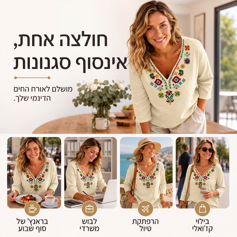 חולצת נשים בעיצוב וינטג' עם רקמת פרחים וצווארון V