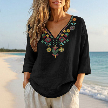 חולצת נשים בעיצוב וינטג' עם רקמת פרחים וצווארון V