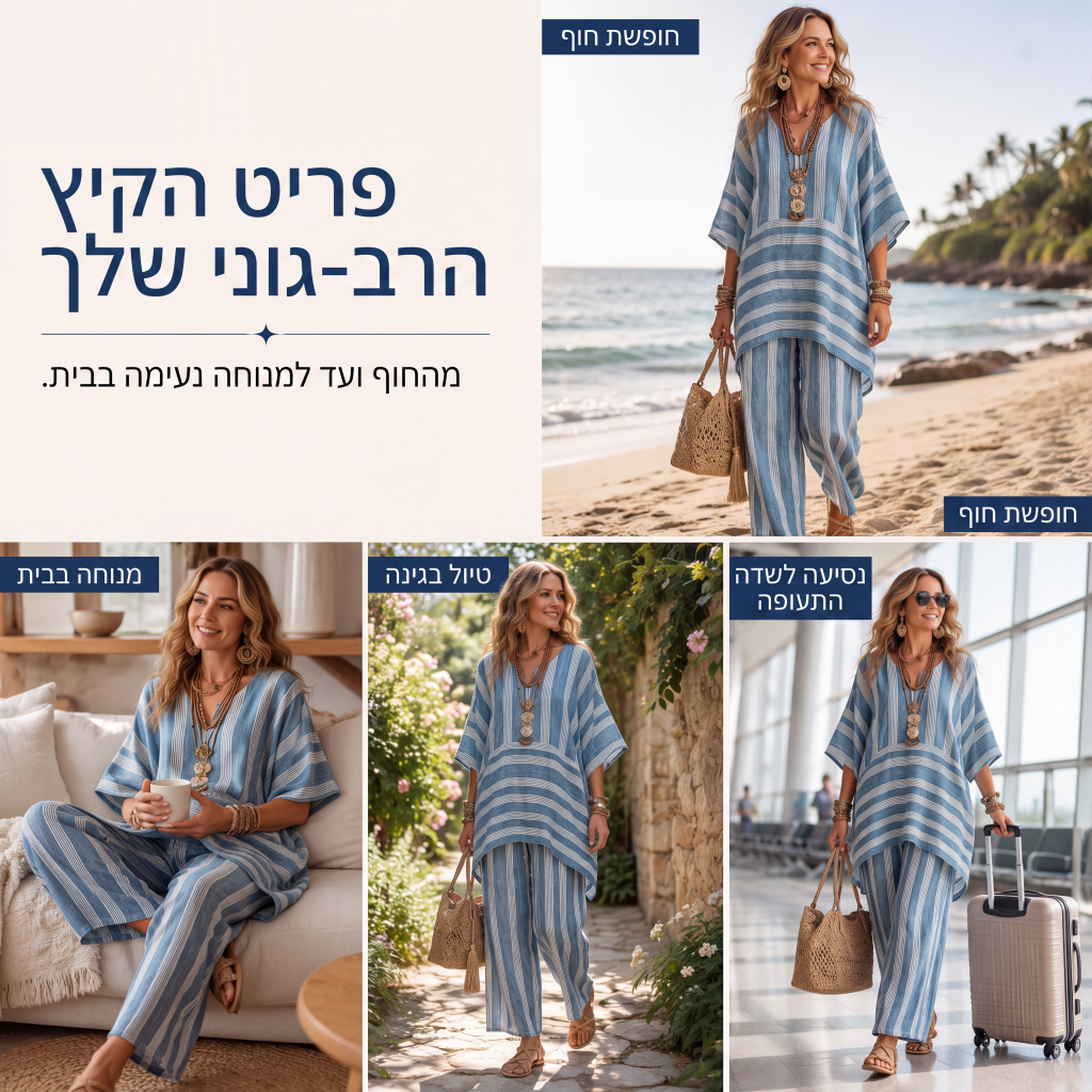 סט קז'ואל נשי רופף בעיצוב קו V ומפוספס, מורכב משני חלקים