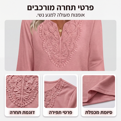 חולצת טוניקה לנשים עם צווארון V, קישוט תחרה ושרוולים 3/4