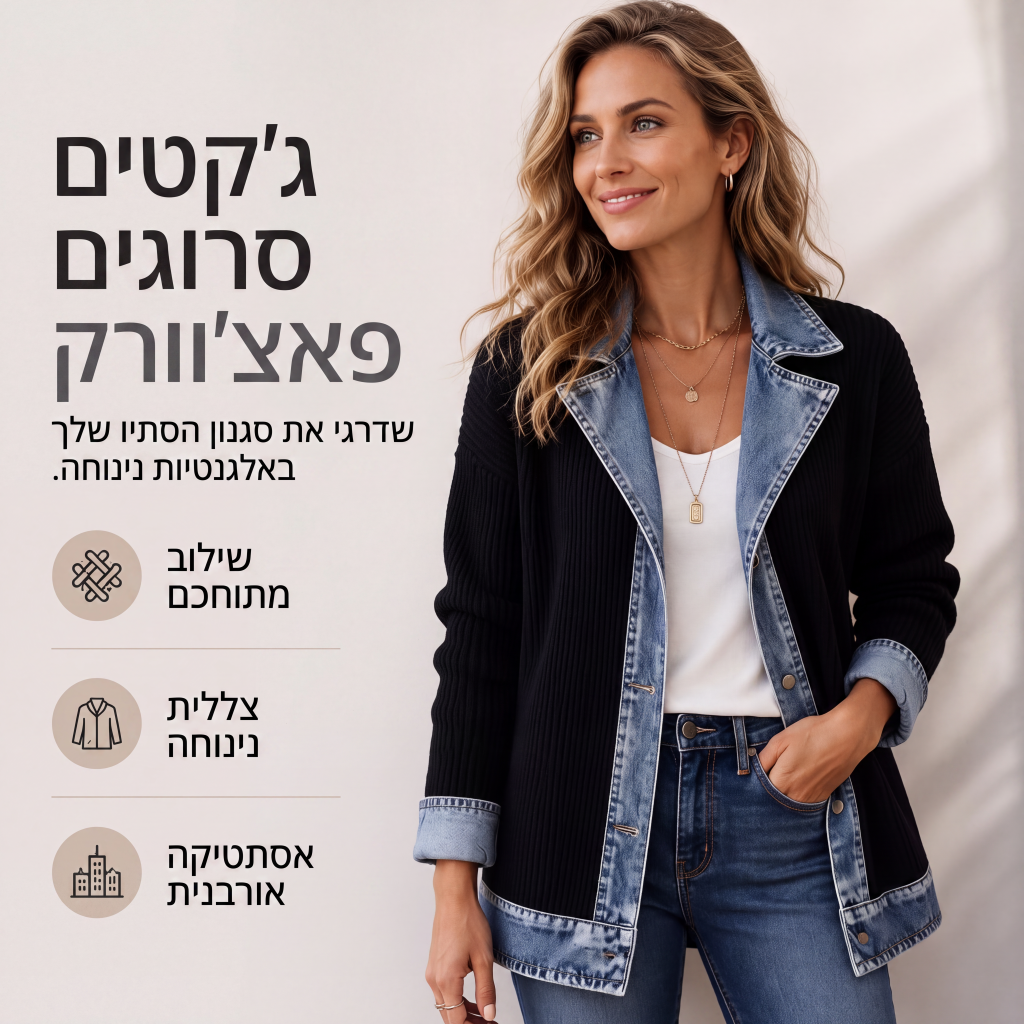מעיל נשים אלגנטי מסריג מצולע עם חיבורי דנים