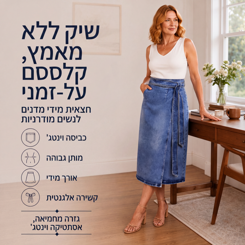 חצאית ג'ינס עטיפה עם קשירה צדית לנשים בסגנון וינטג'
