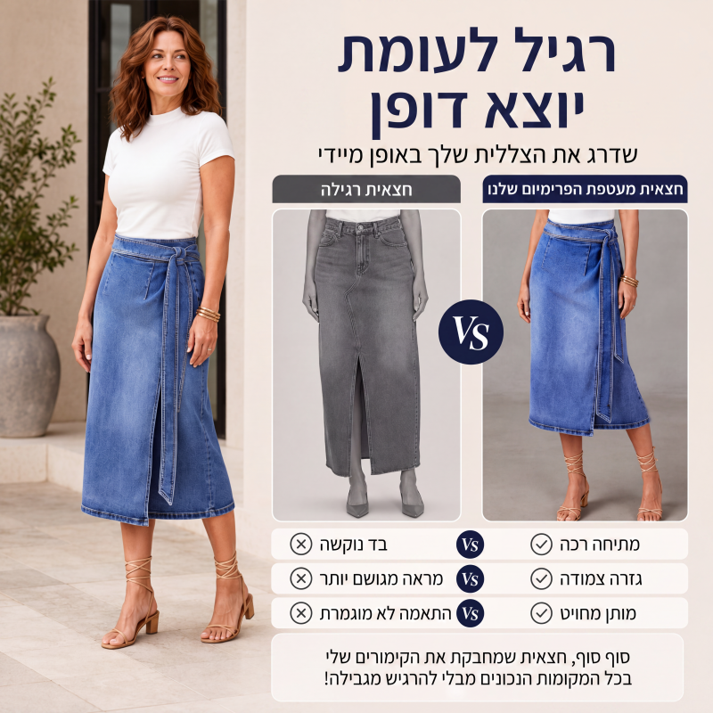 חצאית ג'ינס עטיפה עם קשירה צדית לנשים בסגנון וינטג'