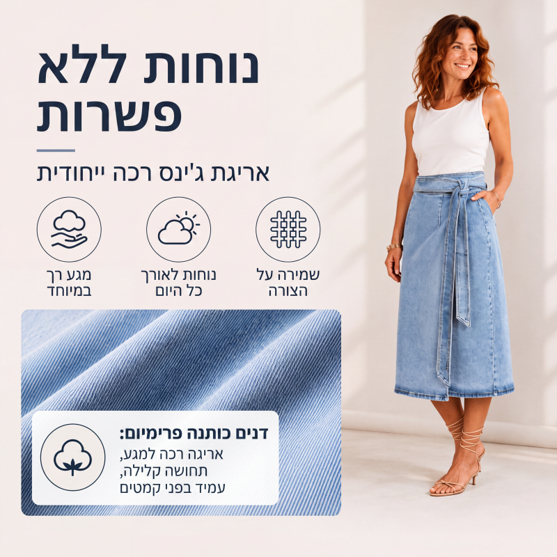 חצאית ג'ינס עטיפה עם קשירה צדית לנשים בסגנון וינטג'