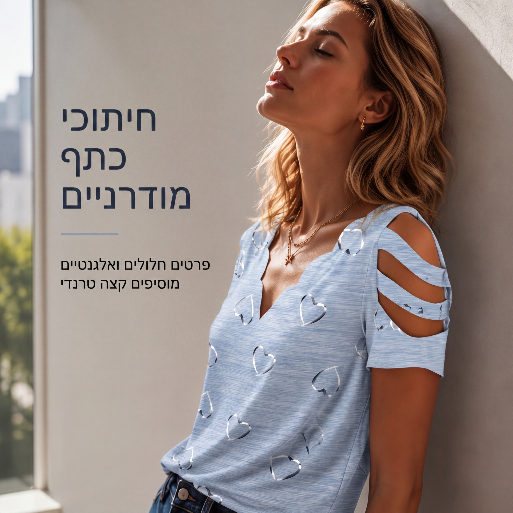 חולצת טי לנשים עם צווארון V מעוגל בדפוס לבבות