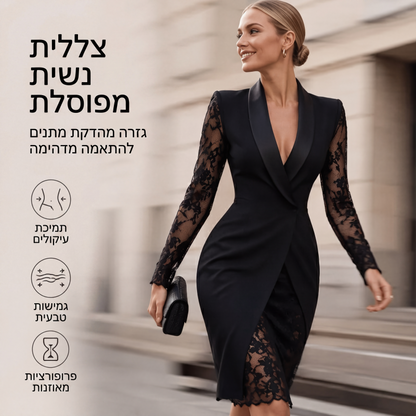 שמלת גוף עם שרוולי תחרה וצווארון V אלגנטית לנשים