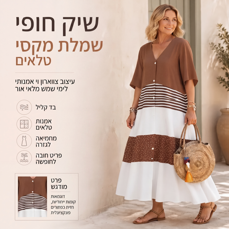 שמלת מקסי לנשים עם צווארון V וכפתורים לקיץ