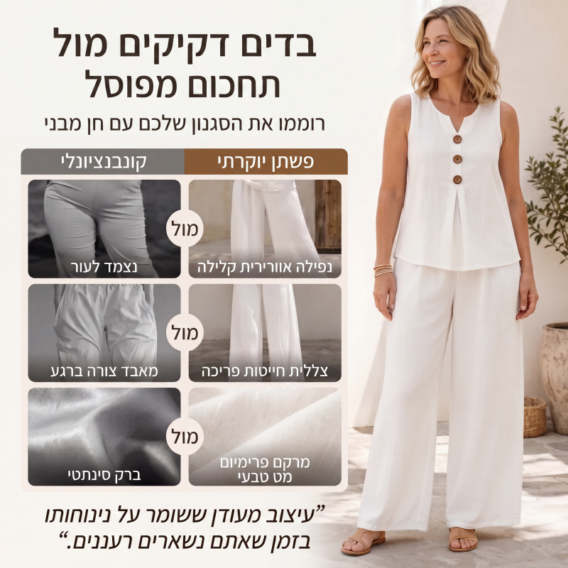 סט חולצת נשים ללא שרוולים עם כפתורים ומכנסיים רחבים