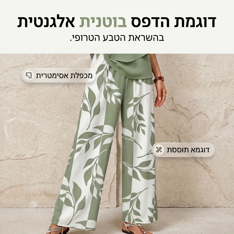 סט שני חלקים לנשים עם הדפס עלים ומכנסיים רחבים