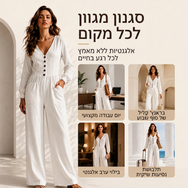 סרבל נשים עם צווארון V ושרוולים ארוכים