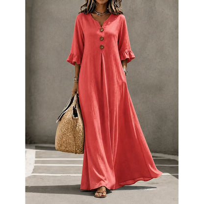 שמלת מקסי לנשים עם צווארון V ושרוולי רופל